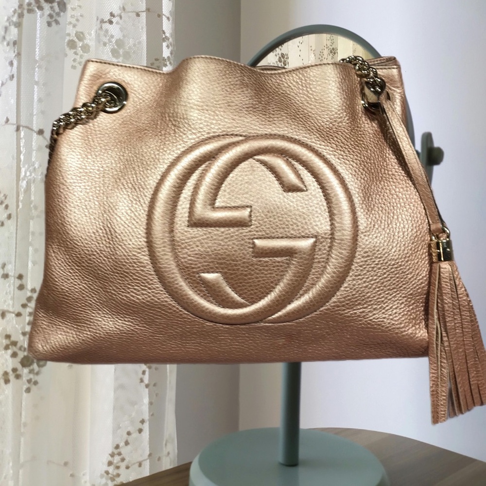 Gucci Rose Gold Leather Soho Shoulder Bag Tote w Chain Strap and Tassel EUC